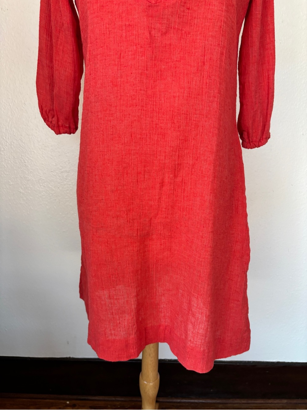 Vintage 60s 70s Union Label Coral Red Cotton Blend Tunic Dress - Picture 3 of 11